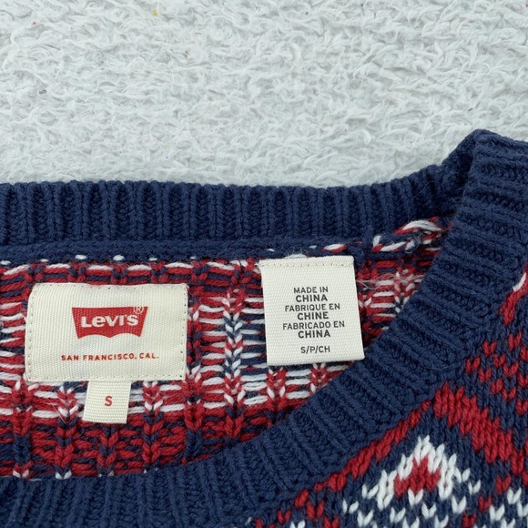 Levi's Holiday Sweater Mens Small Fair Isle Knit Navy Red Crewneck Pullover Xmas - Picture 7 of 7
